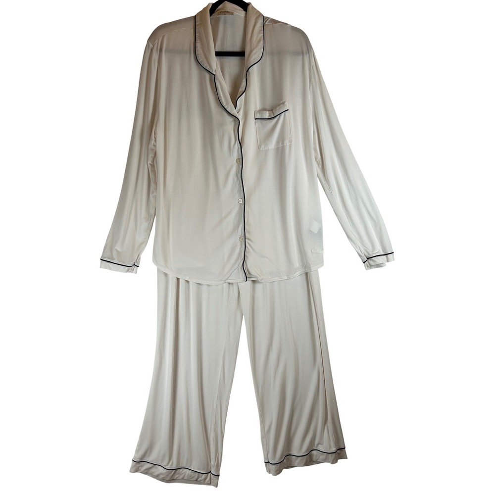 Comfrt Pajama Set Womens XL Cream White Black Piping Long Sleeve Wide Leg Pants